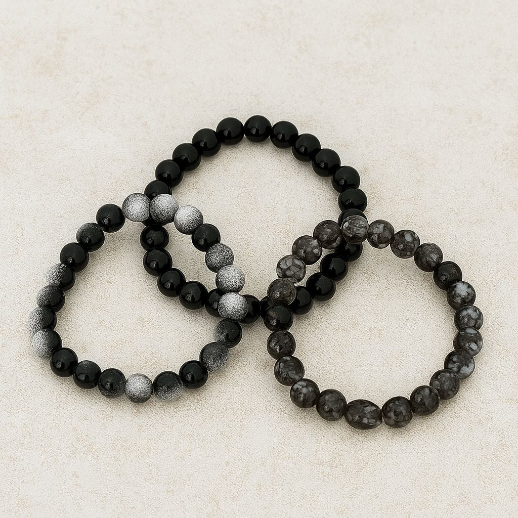 Pack of 3 Beaded Bracelet Set – Black & Natural Stone Style