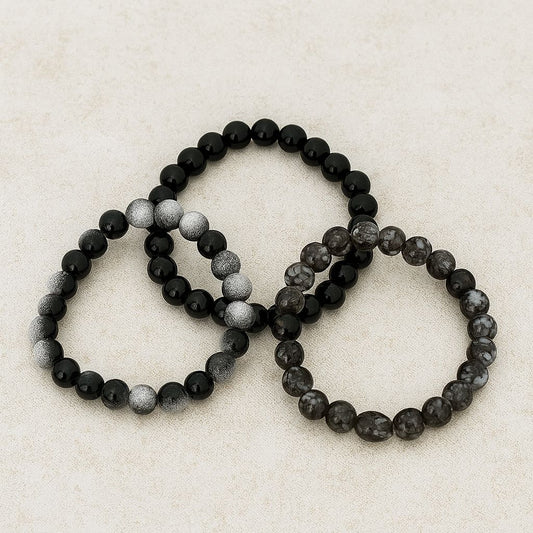 Pack of 3 Beaded Bracelet Set – Black & Natural Stone Style